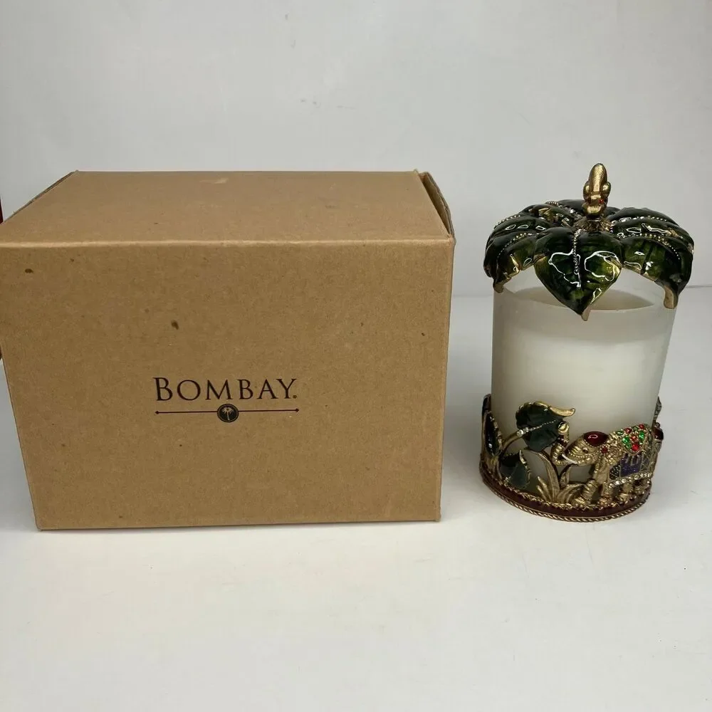 Cloisonné Hand Painted Enamel Bougie Safari Candle Holder Elephants Bombay NEW